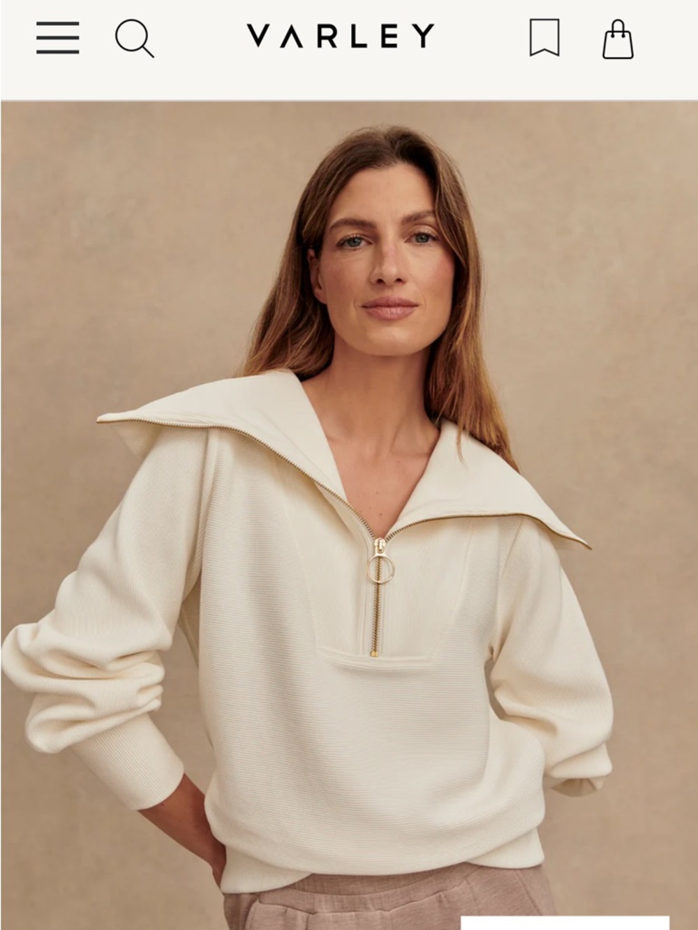 Varley Vine Half-Zip Pullover in Ivory with Gold Ring Zip Size XS